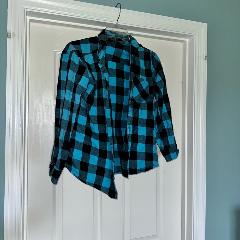 Straight Faded Blue and Black Plaid Shirt